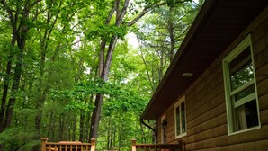Eine Holzhütte mit einer Terrasse, umgeben von dichtem Wald.