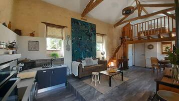 Télévision, cheminée, livres