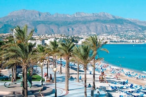 On the beach, sun loungers