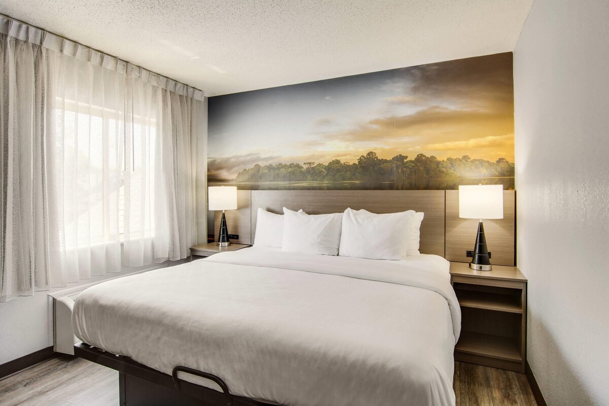 Quarto de hotel com cama grande, duas luminárias de cabeceira, vista para o pôr do sol sobre uma floresta e cortinas finas na janela.
