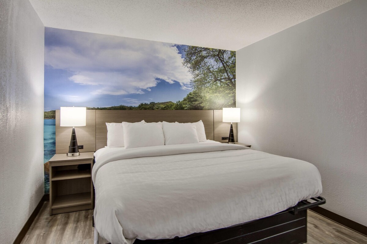 Quarto de hotel com uma cama grande, duas luminárias de cabeceira, uma mesinha de cabeceira e vista para um lago pela janela.