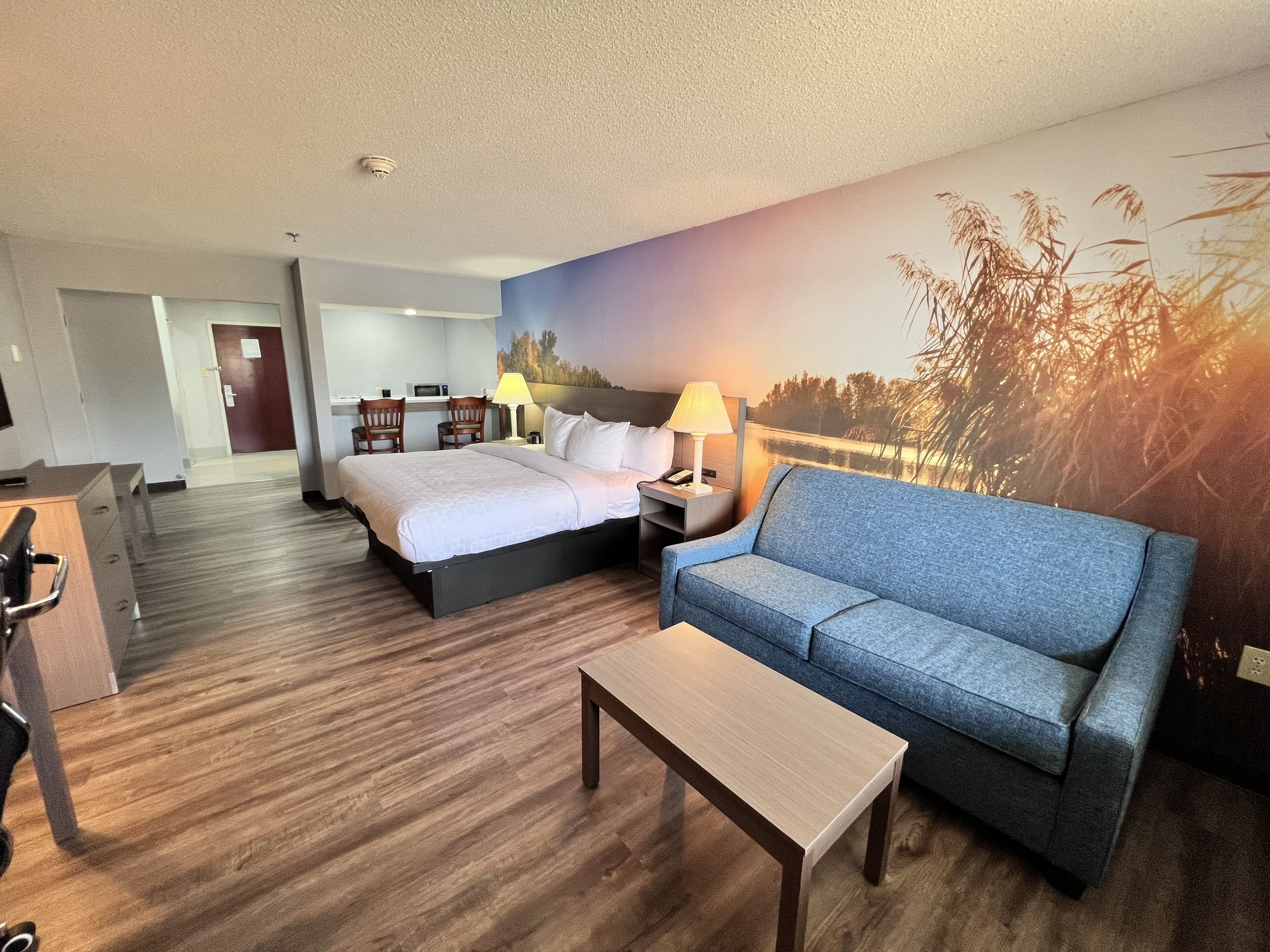 A hotel room with a bed, a sofa, a desk, and a lamp.