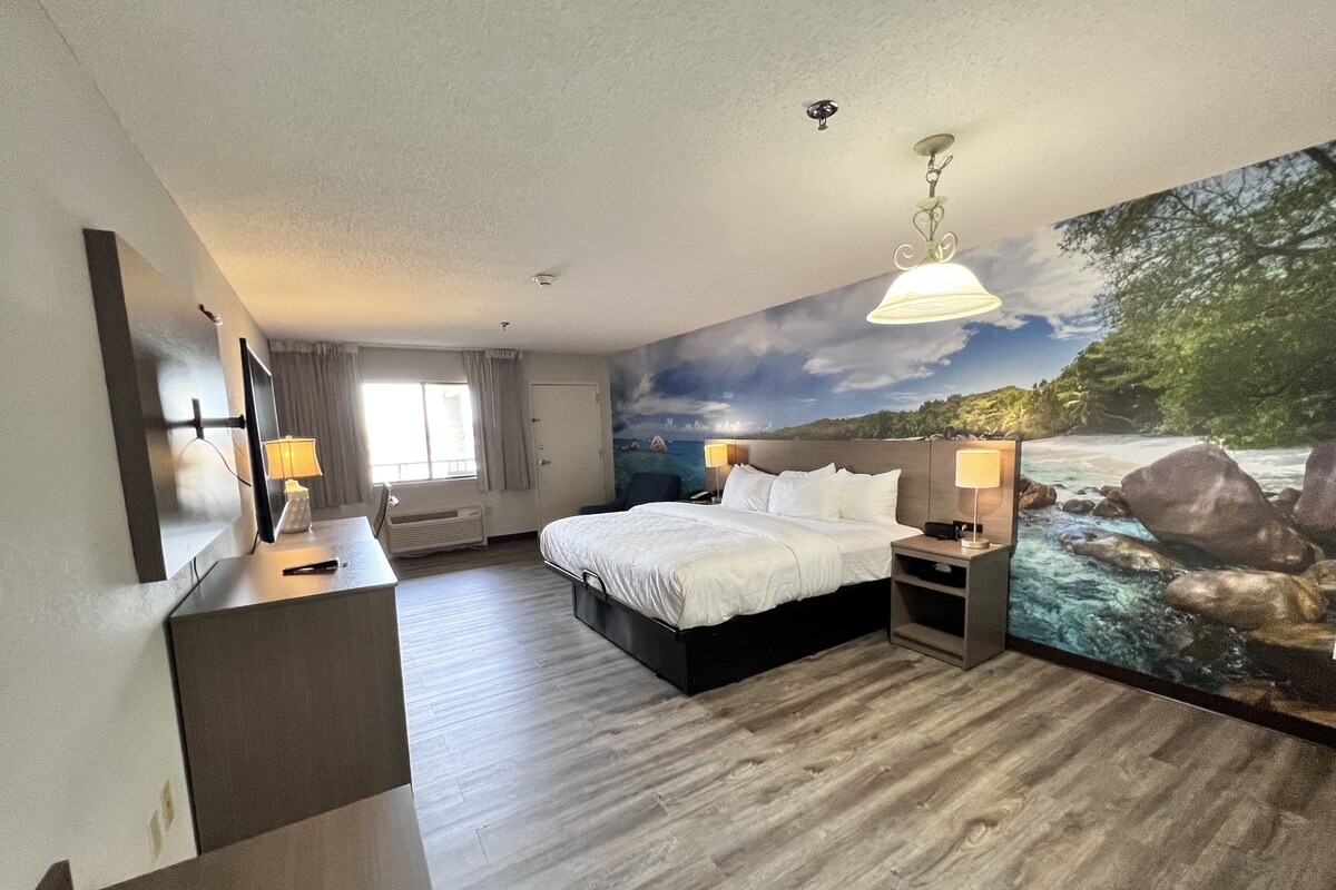 Quarto de hotel com cama, luminárias de cabeceira, escrivaninha, cadeira, janela grande com cortinas e um mural com cena de rio.