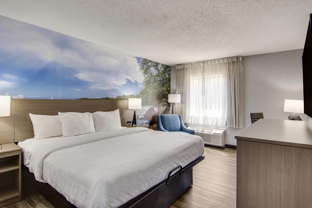 Quarto de hotel com uma cama grande, duas mesas de cabeceira, uma escrivaninha e uma cadeira.