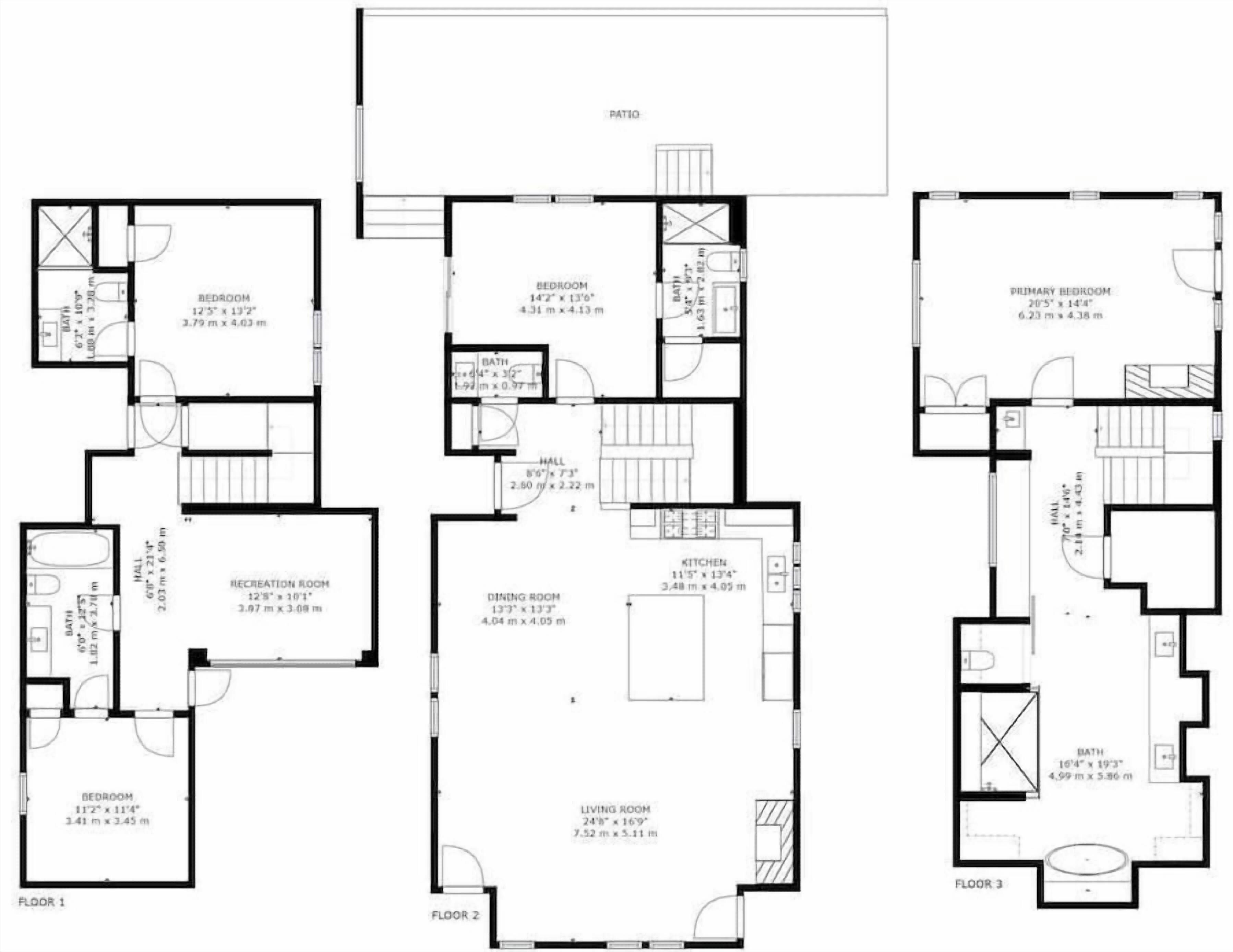 Plano de planta que muestra tres dormitorios, una cocina, un comedor, una sala de estar, un baño y un patio.