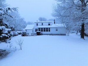 Une maison à deux étages avec une pelouse et des arbres recouverts de neige.
