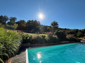 Ein strahlend blauer Himmel, ein Schwimmbecken und üppiges Grün.