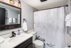 Bathroom features a large mirror, sink, and toilet, with wall-mounted towel racks and a shower curtain with a unique design.