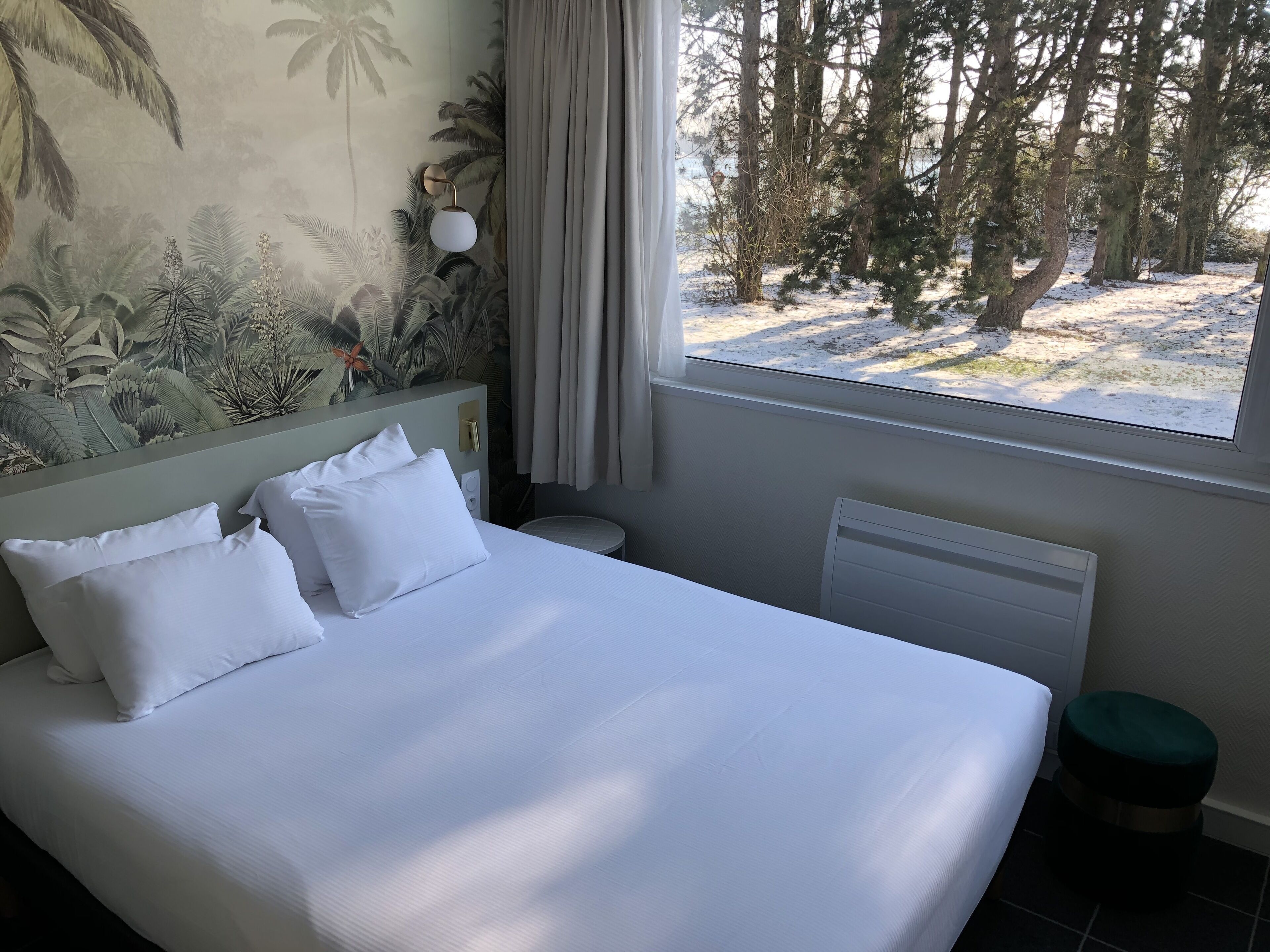A hotel room with a bed, a nightstand, a window with a view of trees and snow, and a wall mural.