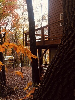 A wooden cabin with a deck, surrounded by trees with autumn leaves. - Barn Owl Inn Treehouse - Private Hot Tub (Guild)