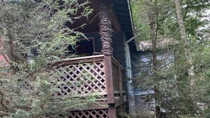 Une cabane en bois dotée d’un balcon, entourée d’arbres denses et d’une souche recouverte de mousse.