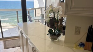 Eine Küche mit Blick auf den Ozean, einer weißen Arbeitsplatte und einer Topfpflanze mit Orchideen.