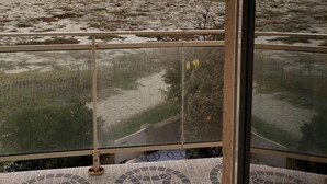 Vista desde un balcón con piso estampado, que da a una playa con vegetación escasa y una cerca.