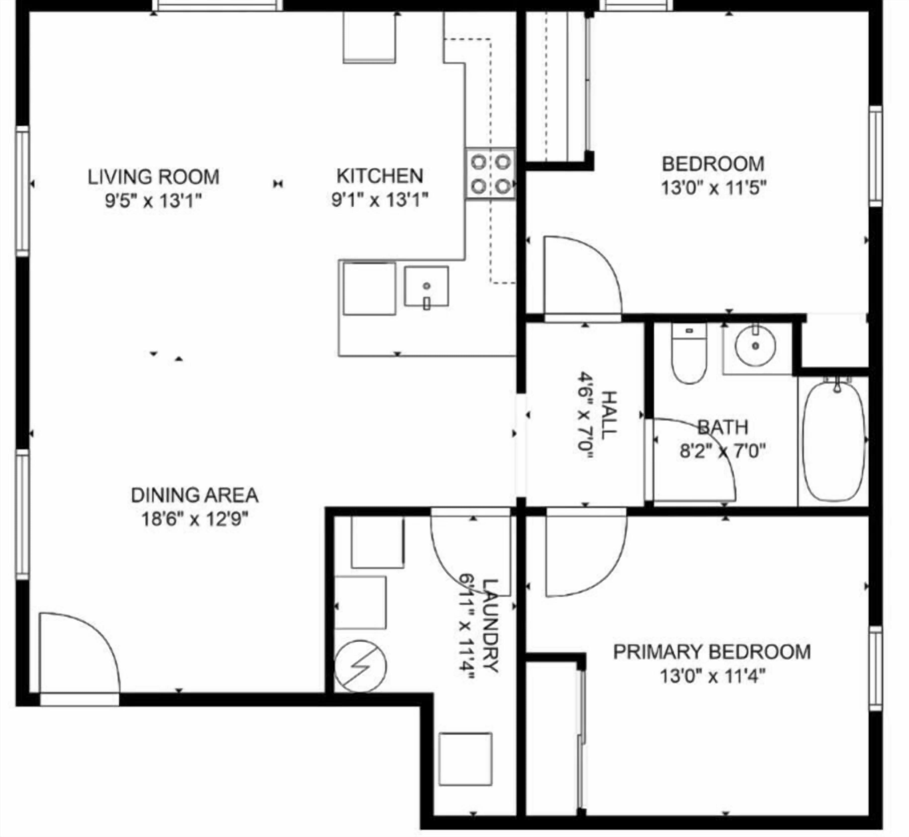 Un plan d’étage comprenant un salon, une cuisine, un coin repas, deux chambres, une salle de bain et une buanderie.
