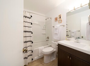 Combined shower/bathtub, hair dryer, towels, soap