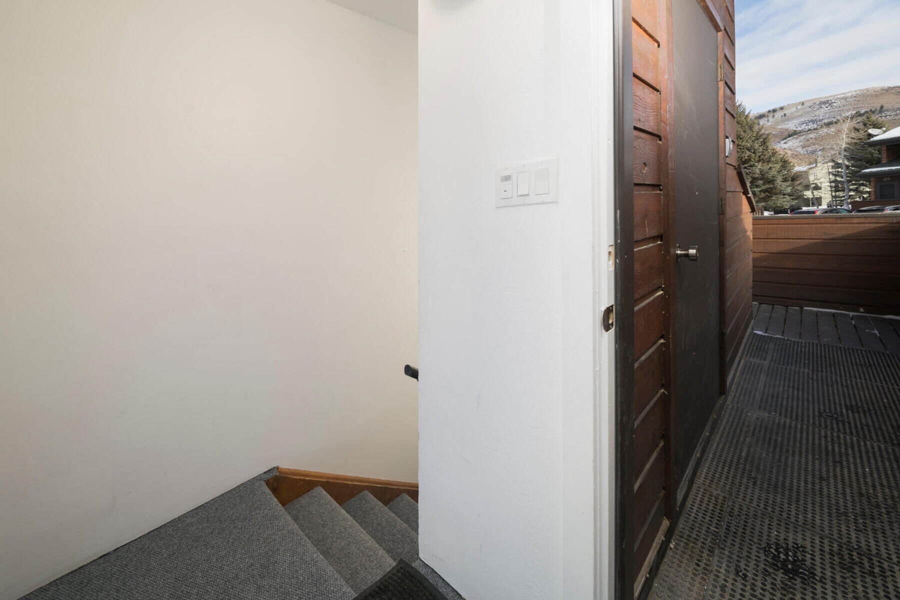 A staircase leading to a wooden door with a metal handle.