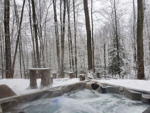 A hot tub in a snowy forest setting.