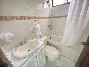 Combined shower/bathtub, hair dryer, towels, soap - Nice Comfort Apart,strong wifi,Cable, Air/C. transportation,great comercial area (Santiago)