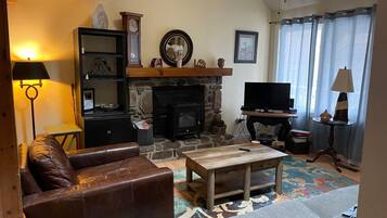 Smart TV, fireplace, books, video library