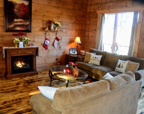 Een televisie, een open haard en boeken