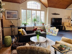 Smart TV, fireplace, books, printers