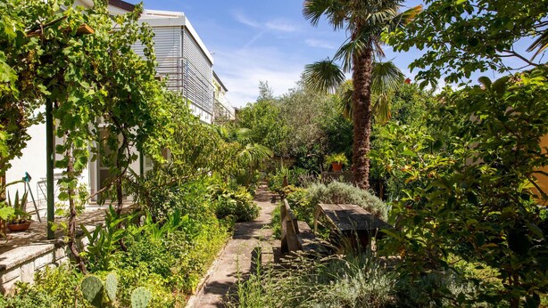 Un jardín con un sendero de piedra que conduce a un edificio de fachada blanca y techo inclinado.