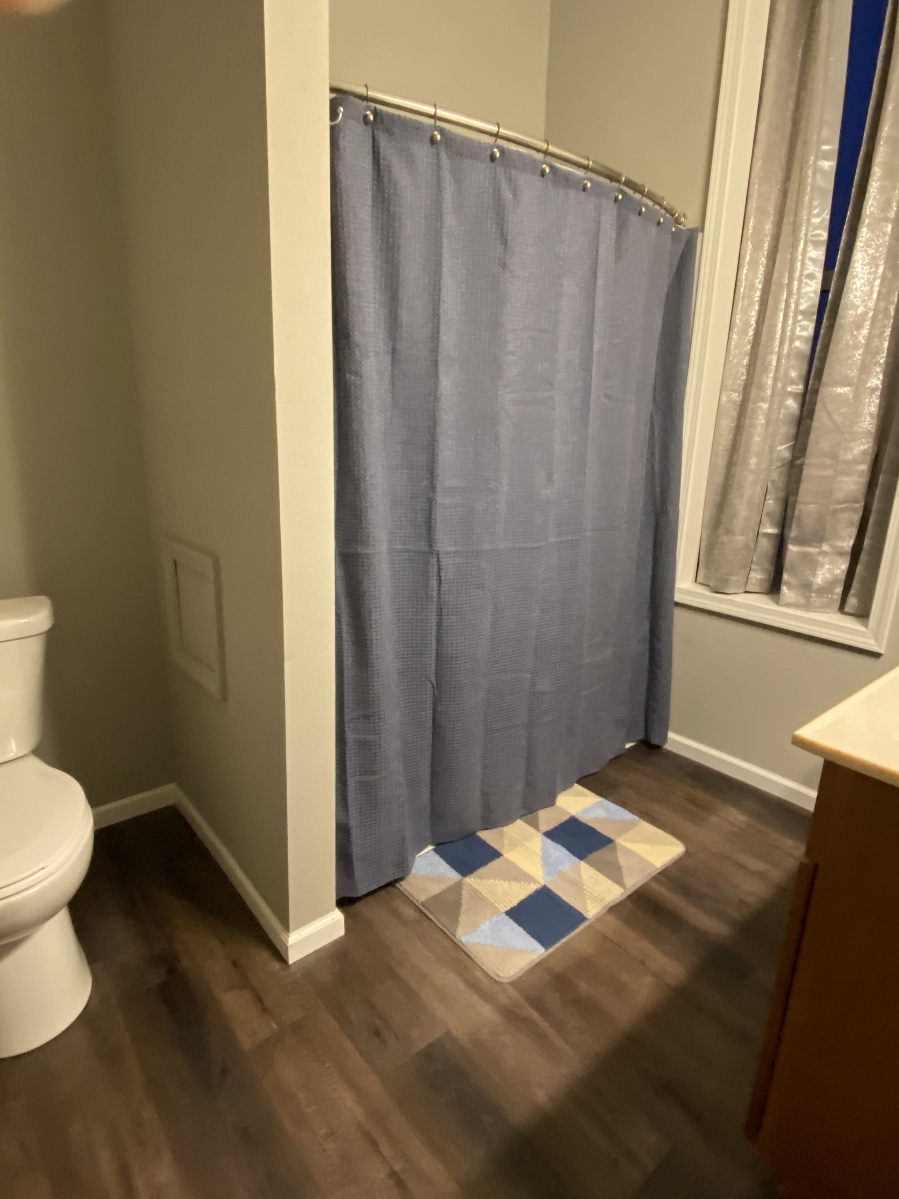 Et badeværelse med bruseforhæng, toilet og et mønstret gulvtæppe.