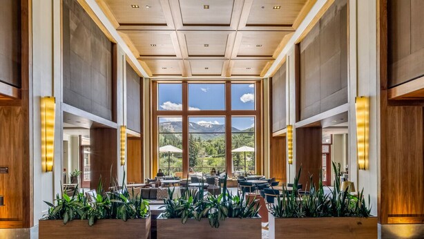 Un hall d’entrée spacieux, doté de grandes fenêtres offrant une vue sur les montagnes, d’un plancher en bois et de plantes d’intérieur.