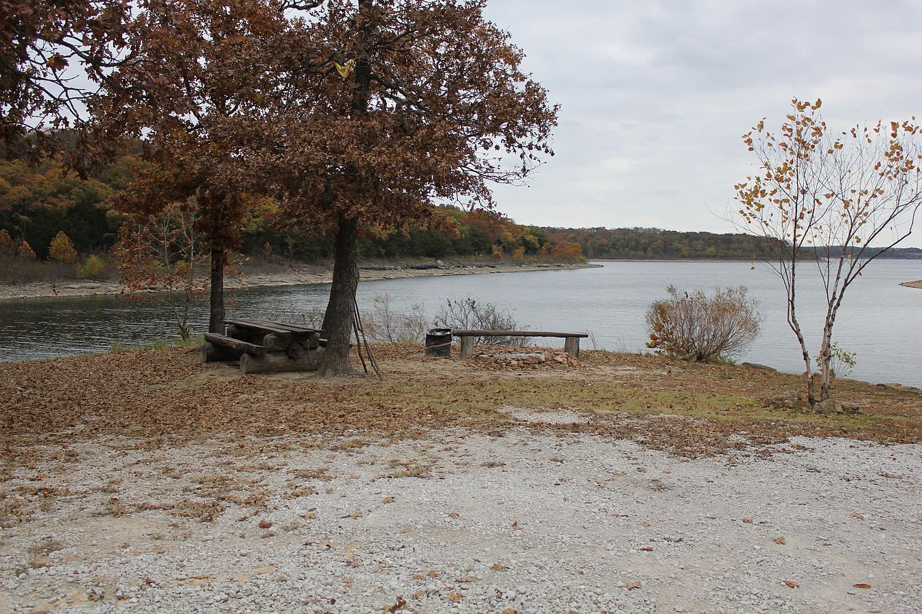 Zona junto al lago con un sendero de grava, bancos y árboles.