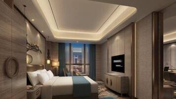 A modern hotel room with a bed, TV, and a view of the city.
