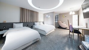A modern hotel room with two beds, a desk, a chair, a massage chair, and a TV.