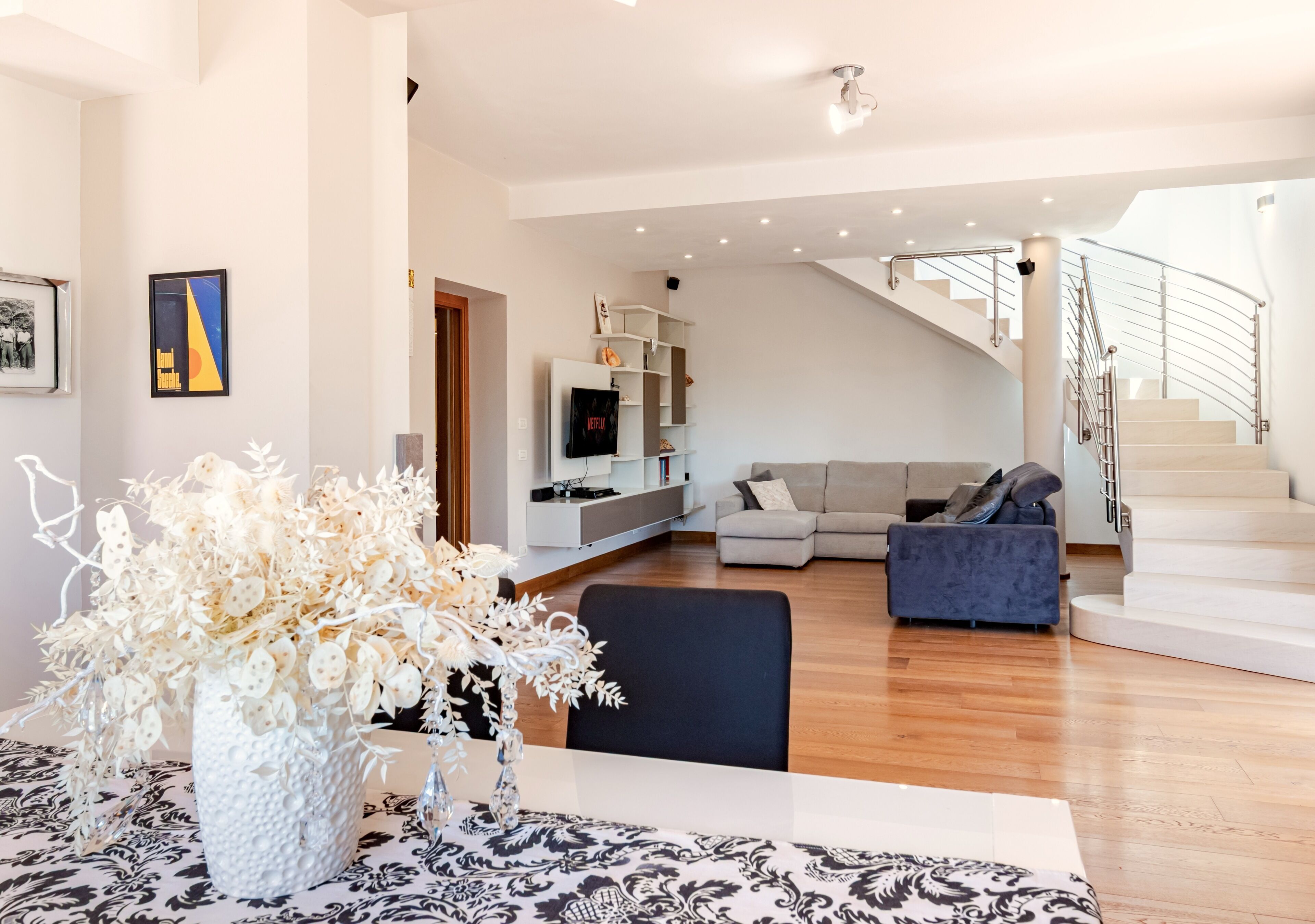 Smart TV, fireplace, DVD player, books