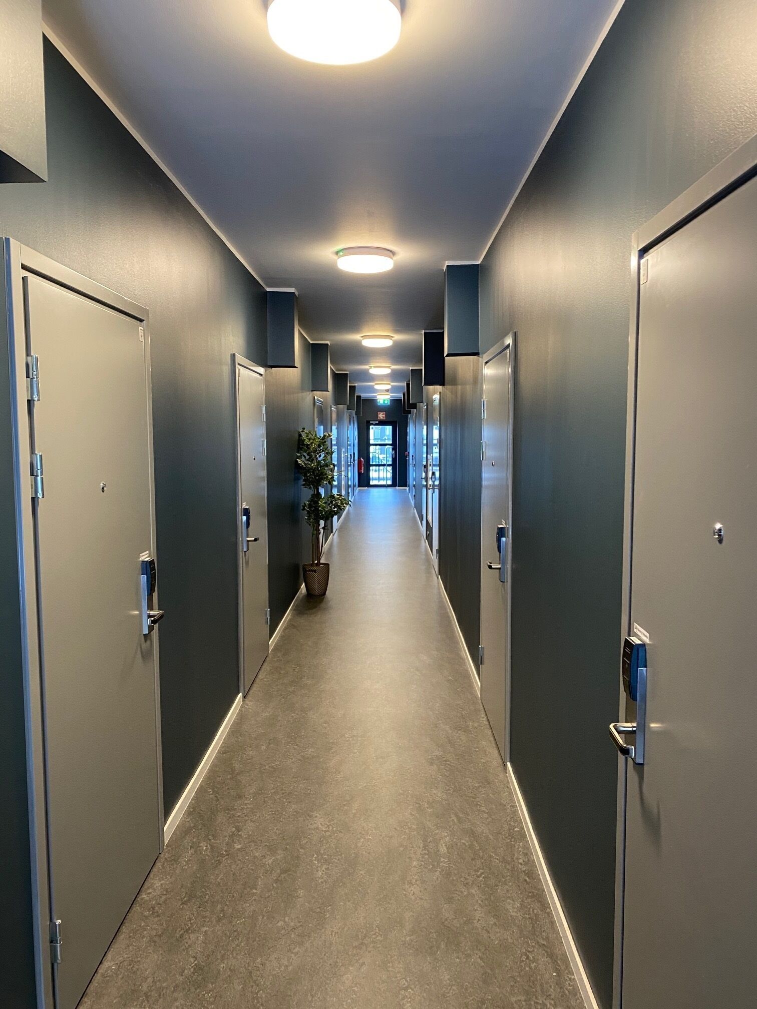 A long, narrow hallway with doors on both sides, leading to a bright exit at the end.