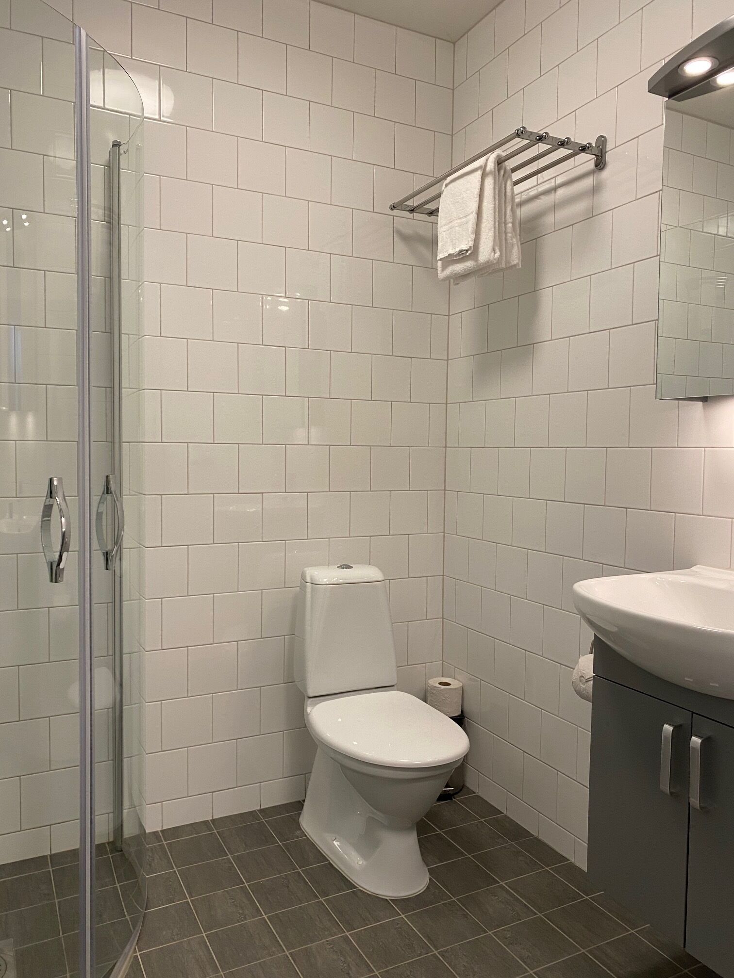 A modern bathroom with white tiled walls, a glass shower enclosure, a white toilet, a towel rack, and a sink with a mirror above it.