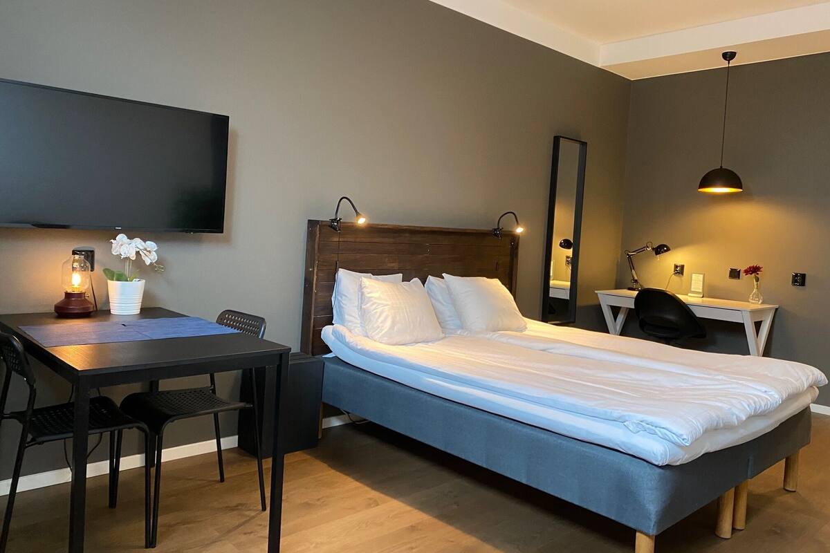 Habitación de hotel con cama, escritorio, silla, televisor, espejo y lámpara.