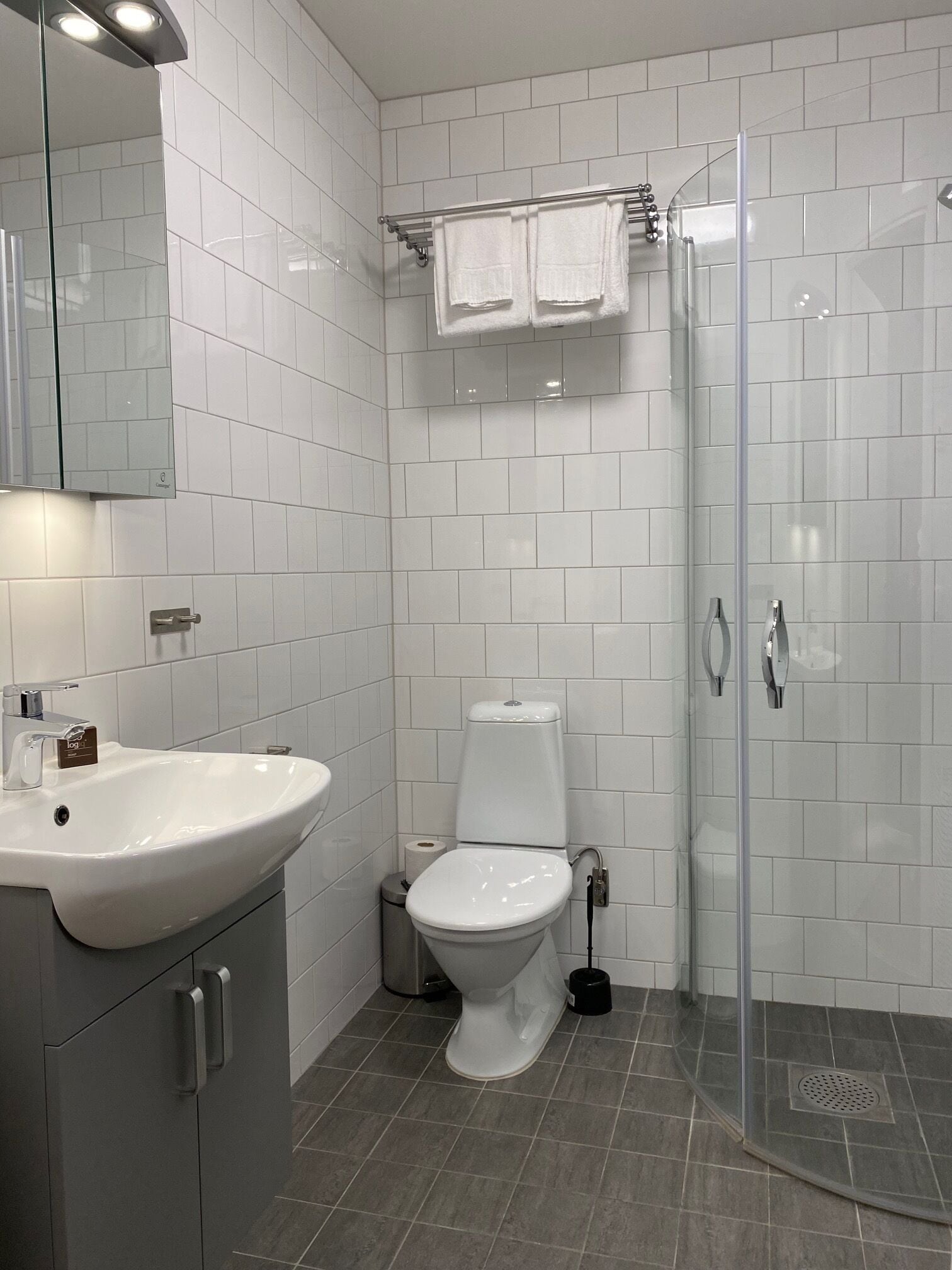 A modern bathroom with a white sink, toilet, and glass shower enclosure.