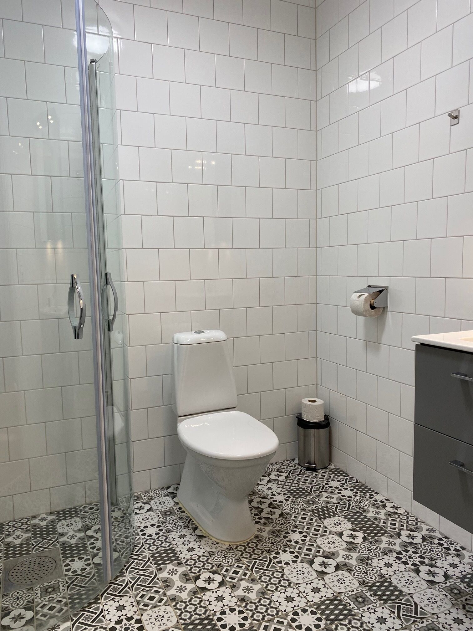 A bathroom with a white toilet, a glass shower enclosure, patterned floor tiles, and a grey cabinet.