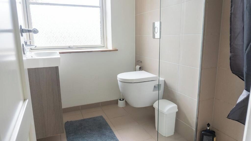 Un bagno piccolo e funzionale, con il water, un cestino e una doccia.