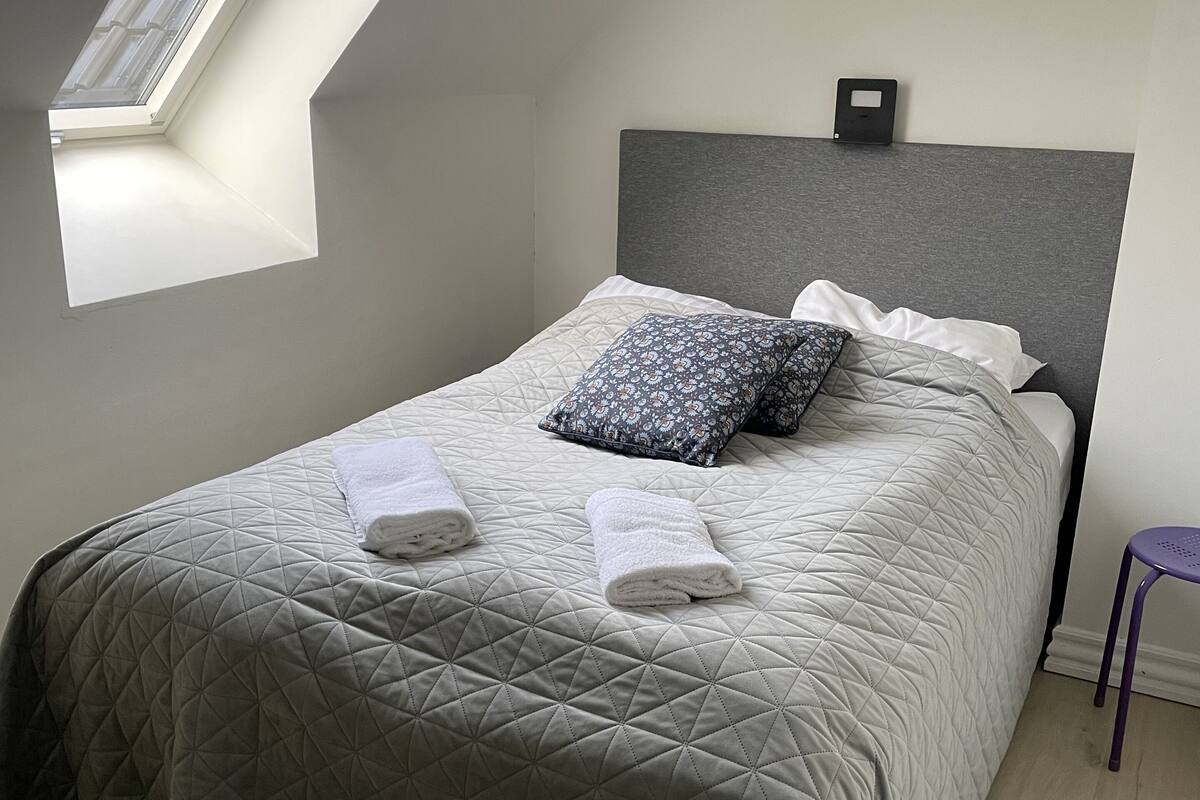A bedroom with a skylight, a bed with a quilted bedspread, two pillows, and a small stool.
