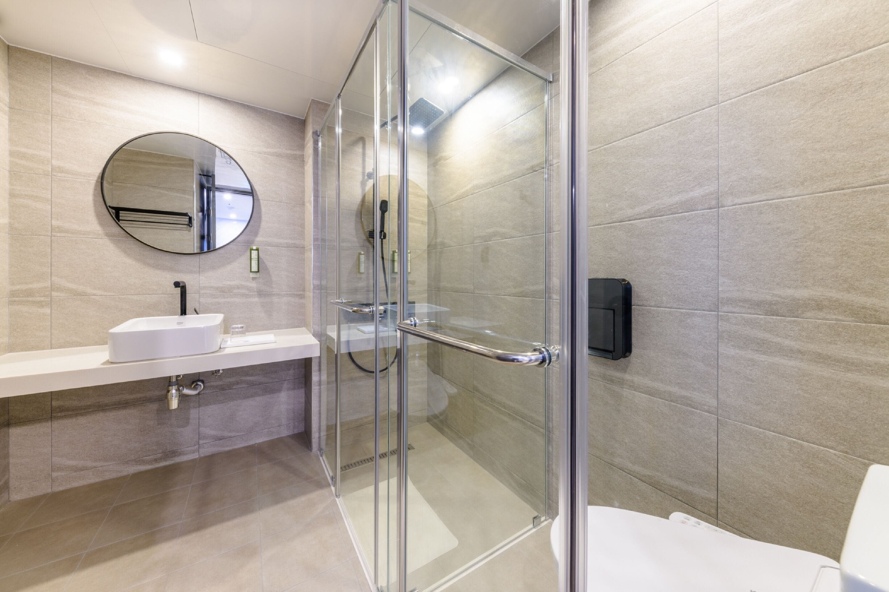 shower, rainfall showerhead, hair dryer, bathrobes