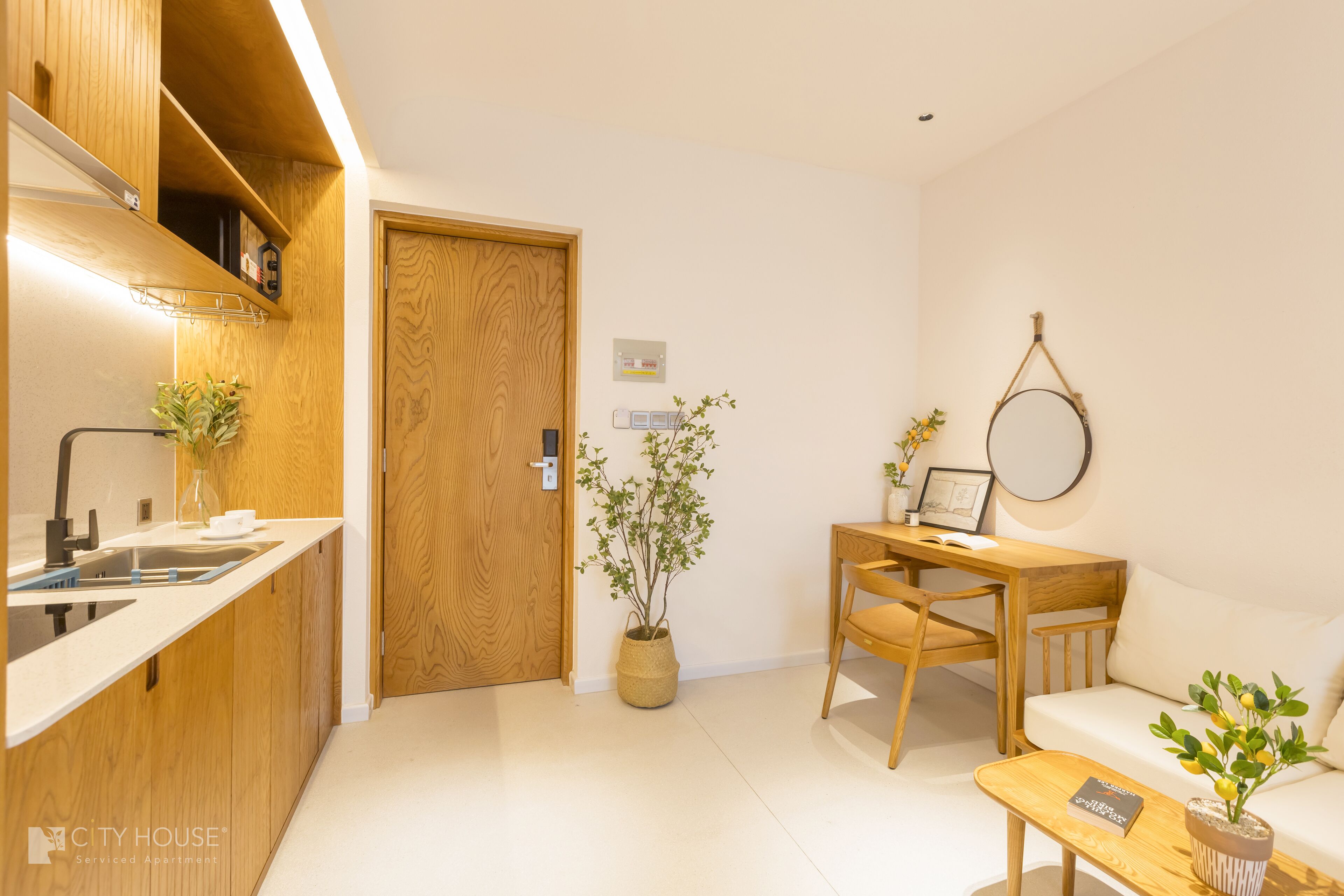 A modern kitchen with wooden cabinets, a sink, and a potted plant. There is a wooden door, a small table with a chair, and a sofa in the living area.