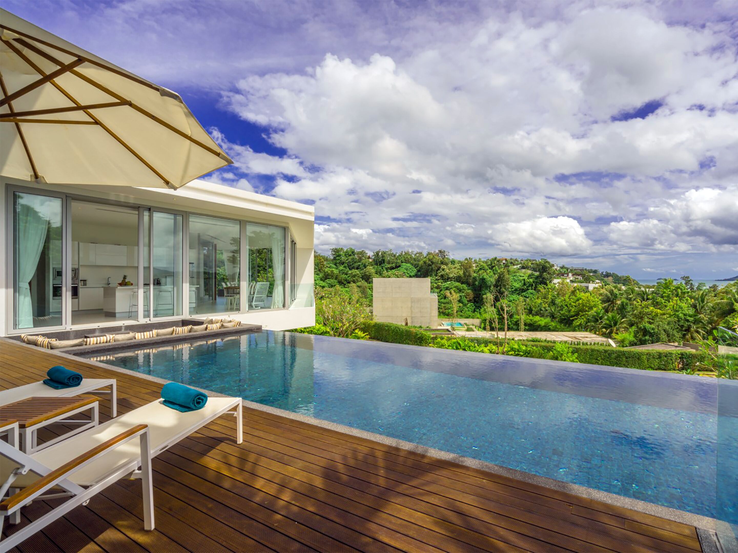 Outdoor pool, pool umbrellas, pool loungers