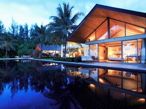 Outdoor pool, pool umbrellas, pool loungers