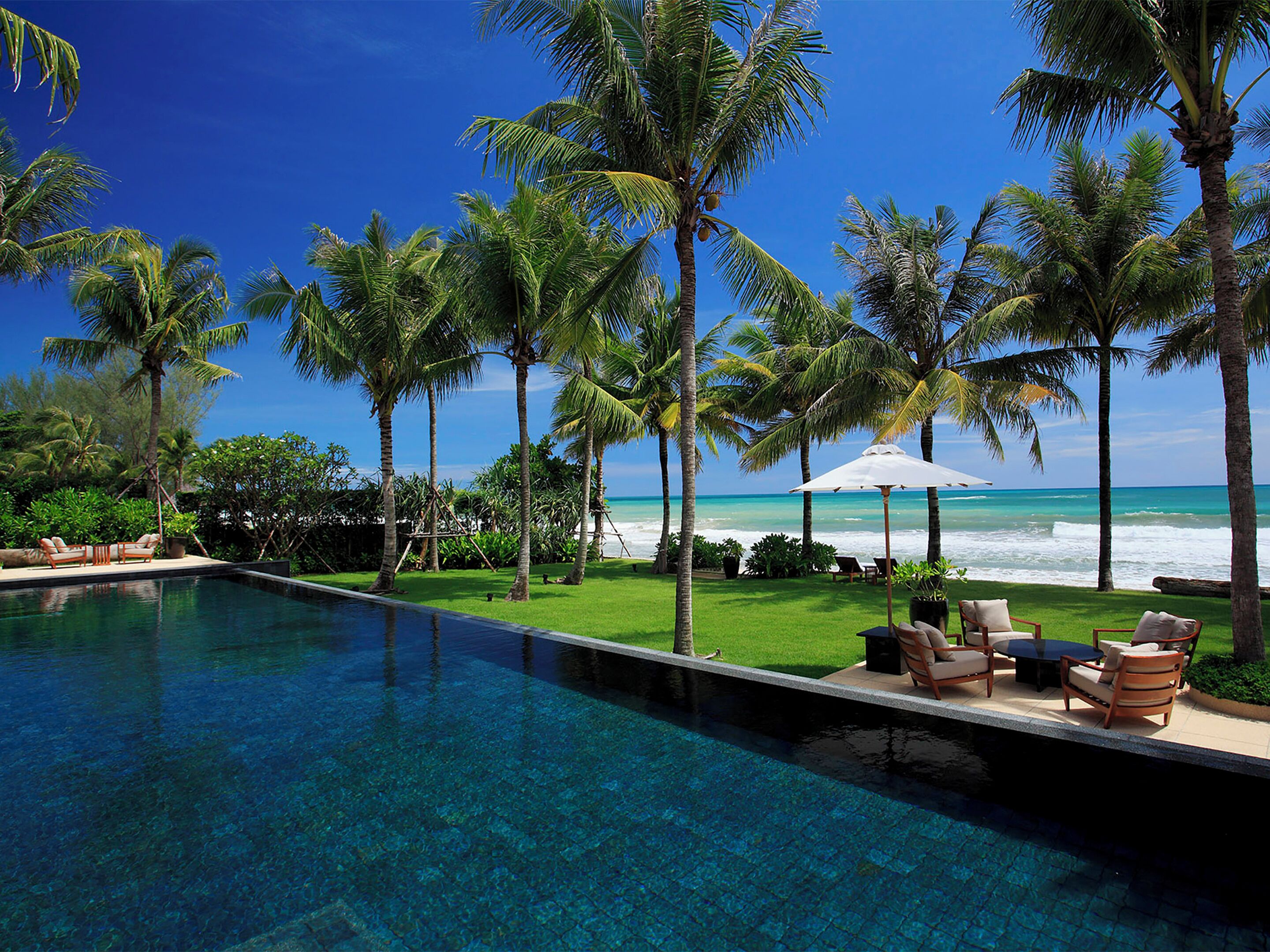 Outdoor pool, pool umbrellas, pool loungers