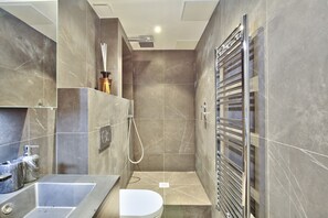 Douche, séchoir à cheveux, serviettes fournies
