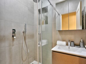 Shower, hair dryer, towels