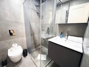 Shower, hair dryer, towels