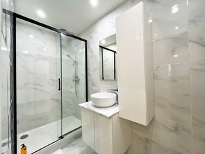 Shower, hair dryer, towels