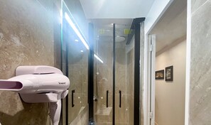 Shower, hair dryer, towels