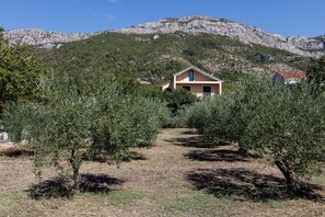 Et hus med balkon omgivet af oliventræer, med et bjergrigt landskab i baggrunden.